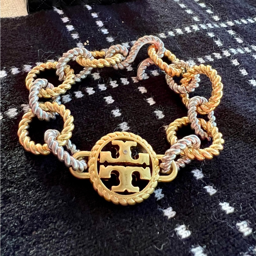 Tory Burch gold and silver rope chain link bracelet.